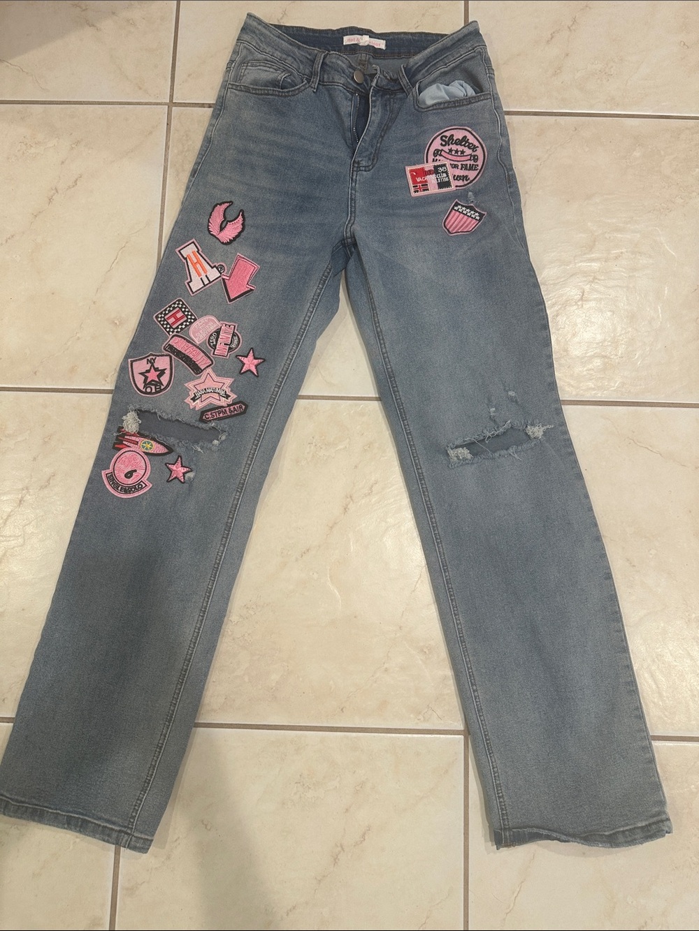 Hot & Delicious Light Blue Straight-Leg Jeans with Pink Patchwork